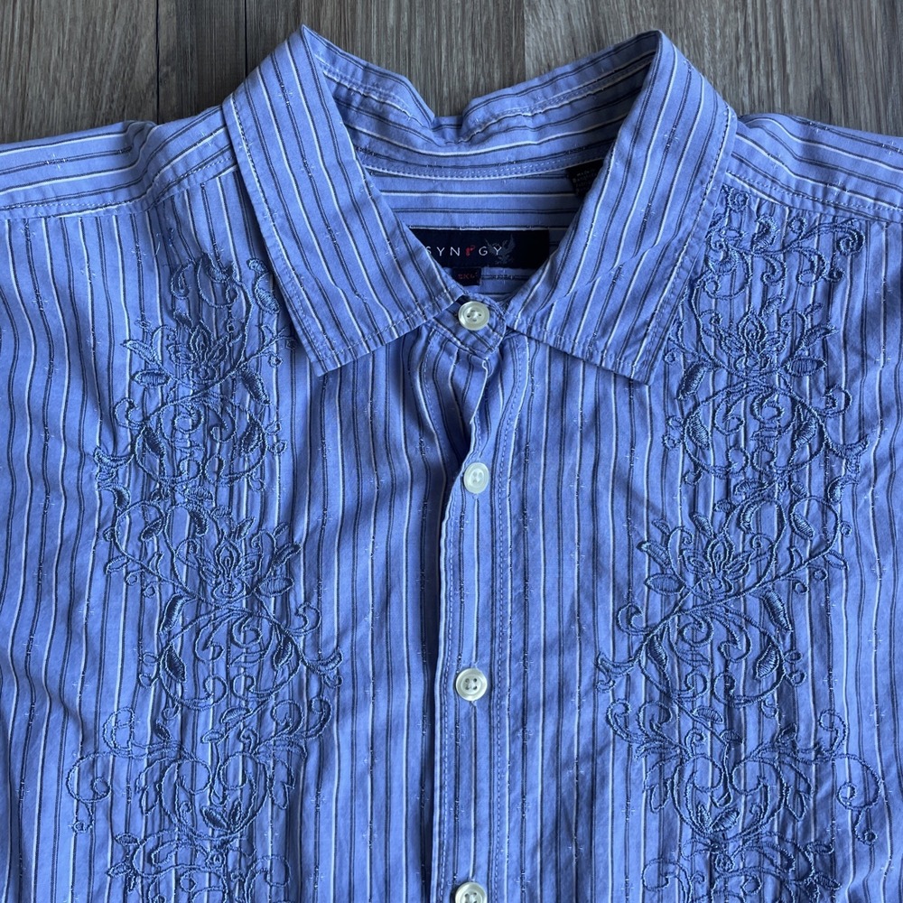 Y2K Synergy Mens Blue Striped Embroidered Long Sleeve Button Down Shirt 2XL